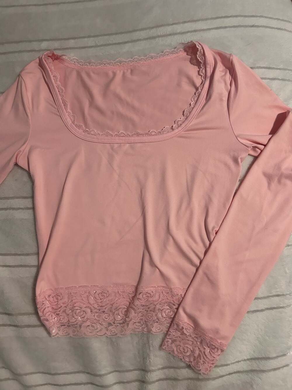 INAWLY Women's light pink square neck long sleeve contrast lace slim tshirt